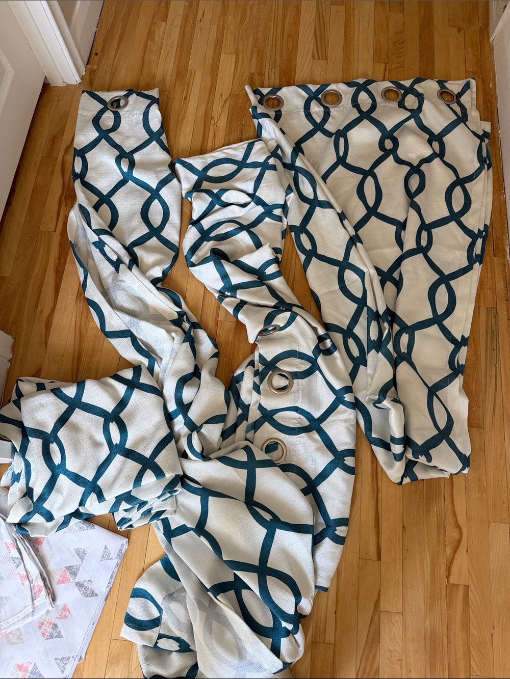 Source Unknown Teal and Ivory Geometric Grommet Curtain Panels